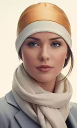 a woman wearing a large silver, leather hat and a white scarf
