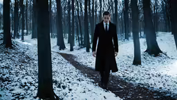 the man walks through a snowy forest