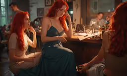 a woman sits at the bar and looks into another persons eyes