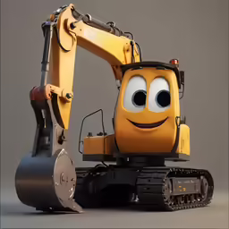 a toy yellow tractor with eyes and a big smile on its face