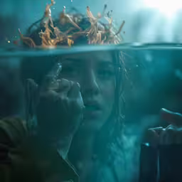 a woman wearing a crown is in the water