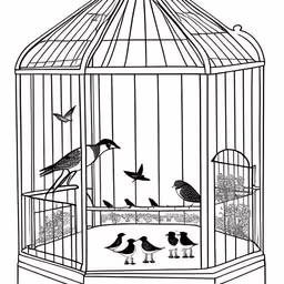 black and white drawing of birds in a cage,birds are sitting in the cage and one is on its side