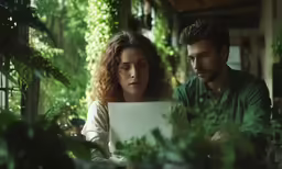 a woman looking at a computer screen as a man looks on