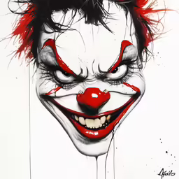 an artistic clown with red hair and clown makeup