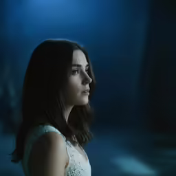 a female in a white dress is staring ahead