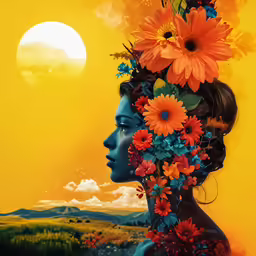 a woman in profile with flowers in her hair