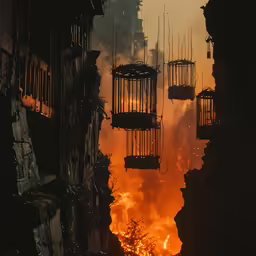 fire in an area surrounded by buildings that is being burnt