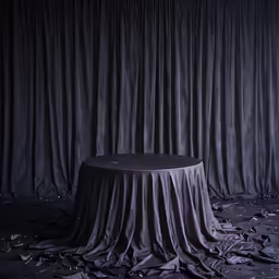 a purple table that has been draped over with black cloth