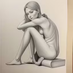 drawing of a woman sitting on top of a book,a black and white picture of a woman with her arm folded over her head