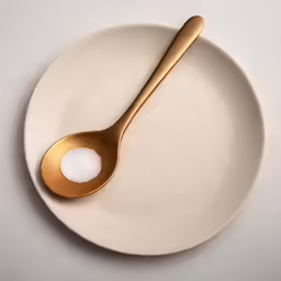 a white plate with a metal spoon and sugar on it