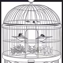 the inside of a birdcage is filled with flowers,black and white illustration of birds inside of a bird cage