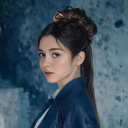 an artistic digital portrait of a woman wearing a blue jacket