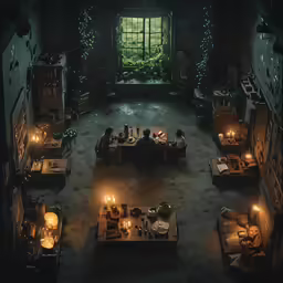 there are many tables and benches covered with candles