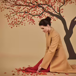 a woman kneeling on the ground, with leaves scattered in front of her
