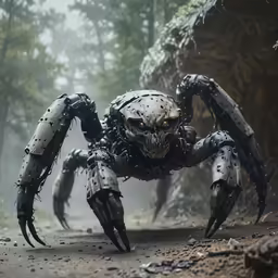 a large, robotic spider walking across a forest covered in fog