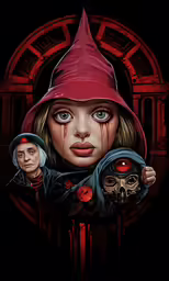 a woman and two children in halloween costumes with blood pouring through her eyes