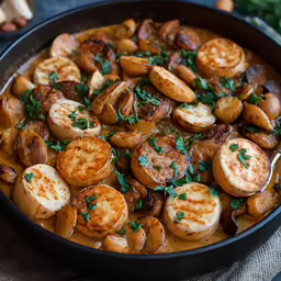 a closeup of a large pan filled with potatoes