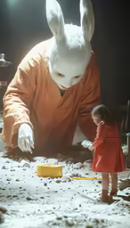 a little girl wearing a bunny mask and playing with a yellow toy