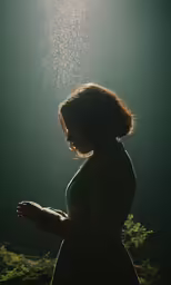 a silhouette of a woman with grass flying off her head