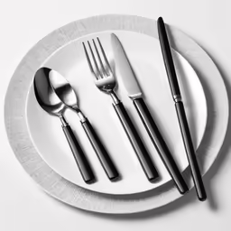 black and white photograph of forks, knives and spoons