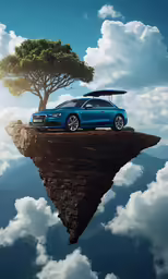 a blue car sitting in the middle of a cliff