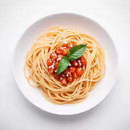 a plate filled with spaghetti and garnish with a leaf on top