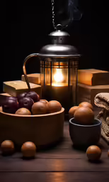 an image of a lantern with burning candle on table