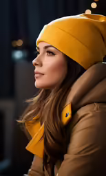 a beautiful young woman in yellow with a tan coat