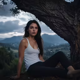 a woman sits under a large tree and looks off into the distance