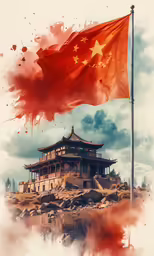an old building with a chinese flag and a flag pole sticking out of the water