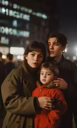 two people holding a child standing on a city street
