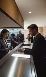 two people standing by a bar with their cell phones