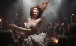 a woman in a white dress with her hands up