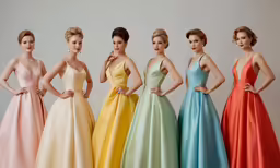 a group of models standing in long dresses