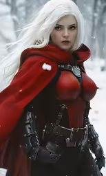 a woman with long white hair wearing a red cape