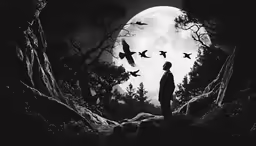 a man standing in a forest by a full moon