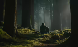 a person sitting alone on the ground in a forest