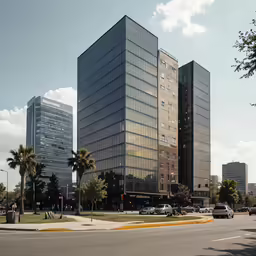 a very large building near many palm trees