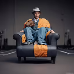 a man in hat sitting in an overstuffed chair