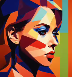 a woman with bright colored lines and face shapes,a painting of a woman