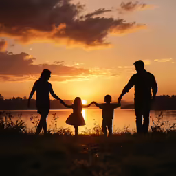 a family standing together holding hands near the lake