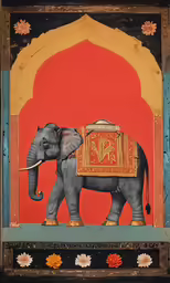 an intricate painted elephant with tusks and ornaments on a red background