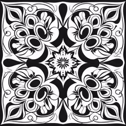 a square black and white pattern of a flower design,this is a decorative tile in the style of an indian design,a drawing of an artistic design,a black and white pattern with a center flower,black and white abstract artwork with some patterns