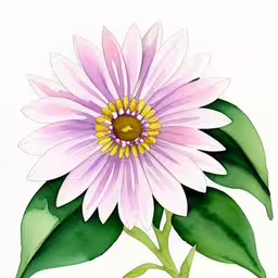 a drawing of a flower with green leaves,a purple flower with green leaves on top of it