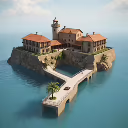 a house built on a small island with a stone walkway