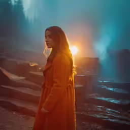 woman in orange walking through dark rocky terrain at sun rise