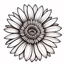 a sunflower drawn in black and white,a black and white flower on a white background