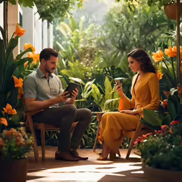 two people sitting on a bench in a greenhouse looking at a book