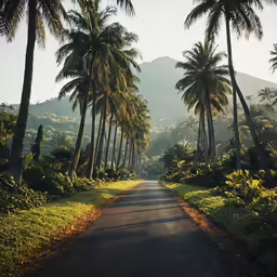 a tropical palm tree lined road with a mountain in the background