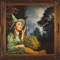 a painting of a woman with a witches hat